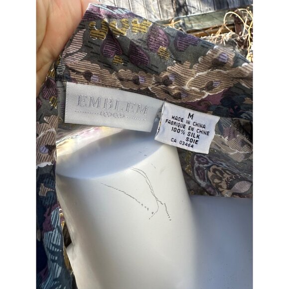 90s Emblem 100% Silk Shirt Button Up Mixed Print Sz M - Picture 10 of 11